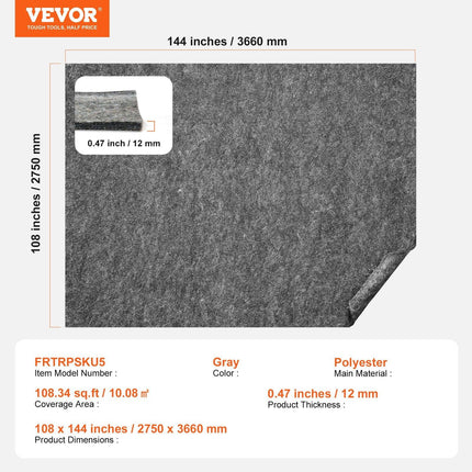 Rug Pad Gripper 9' x 12' Protective Carpet Pad 0.47" Thick for All Floors.