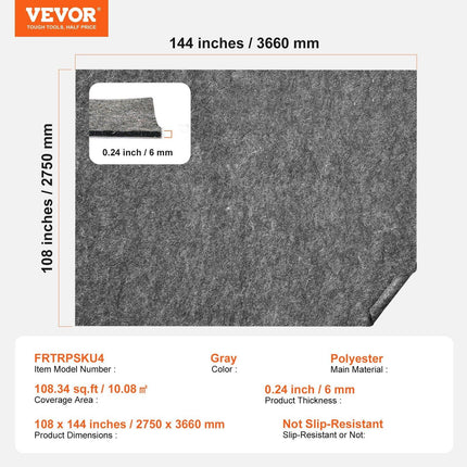 Rug Pad Without Slip Resistance, Protective Cushioning Carpet Pad, 9' x 12', 1/4"Thick, 100% Pure Polyester Felt, 10-11㎡ Premium Comfort Underfoot Carpet Padding Rug Cushion for All Floors, Gray.