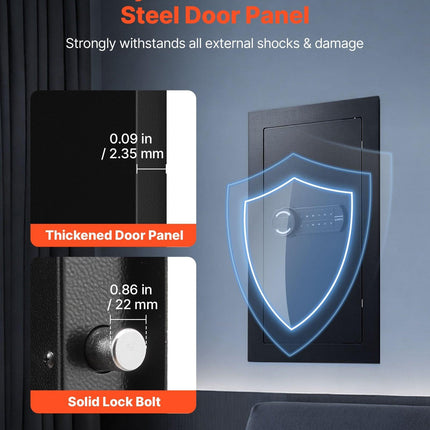 Wall Safe, 3-Tier Hidden Wall Mounted Safe with Password & Key, Q235 Cold-Rolled Steel In-Wall Box with LED Lighting, 2 Adjustable Shelves & 5 Key Holders for Money, Jewelry, Passport, Black.