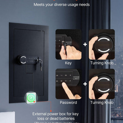 Wall Safe, 3-Tier Hidden Wall Mounted Safe with Password & Key, Q235 Cold-Rolled Steel In-Wall Box with LED Lighting, 2 Adjustable Shelves & 5 Key Holders for Money, Jewelry, Passport, Black.