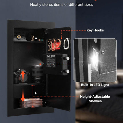 Wall Safe, 3-Tier Hidden Wall Mounted Safe with Password & Key, Q235 Cold-Rolled Steel In-Wall Box with LED Lighting, 2 Adjustable Shelves & 5 Key Holders for Money, Jewelry, Passport, Black.