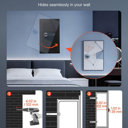 Wall Safe, 3-Tier Hidden Wall Mounted Safe with Password & Key, Q235 Cold-Rolled Steel In-Wall Box with LED Lighting, 2 Adjustable Shelves & 5 Key Holders for Money, Jewelry, Passport, Black.
