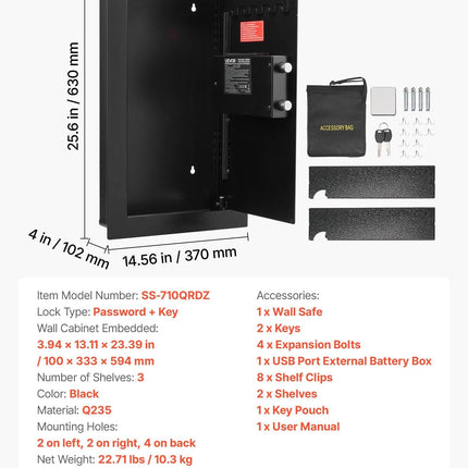 Wall Safe, 3-Tier Hidden Wall Mounted Safe with Password & Key, Q235 Cold-Rolled Steel In-Wall Box with LED Lighting, 2 Adjustable Shelves & 5 Key Holders for Money, Jewelry, Passport, Black.
