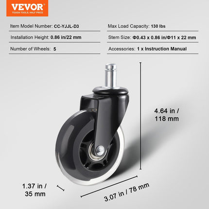 Office Chair Wheels, Set of 5, 76.2 mm Caster Wheels Replacement for Hardwood Floors and Carpet, Heavy Duty Computer Gaming Desk Casters with 59 kg Load Capacity, Universal Fit for Most Chairs.