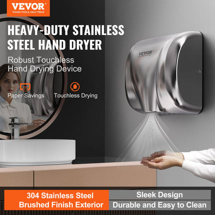 Heavy Duty Commercial Hand Dryer, 1800W Automatic High Speed Stainless Steel Warm Wind Hand Blower, 220V-240V Plug In/Hardwired Two Power Options, Compliant for Industry Business Restrooms.