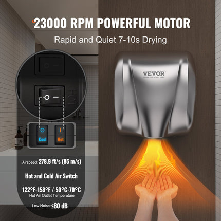 Heavy Duty Commercial Hand Dryer, 1800W Automatic High Speed Stainless Steel Warm Wind Hand Blower, 220V-240V Plug In/Hardwired Two Power Options, Compliant for Industry Business Restrooms.