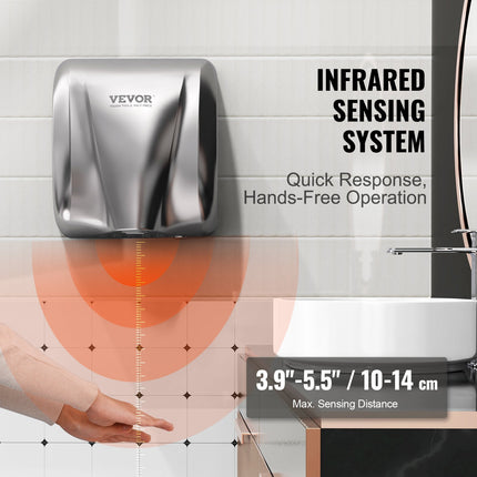 Heavy Duty Commercial Hand Dryer, 1800W Automatic High Speed Stainless Steel Warm Wind Hand Blower, 220V-240V Plug In/Hardwired Two Power Options, Compliant for Industry Business Restrooms.