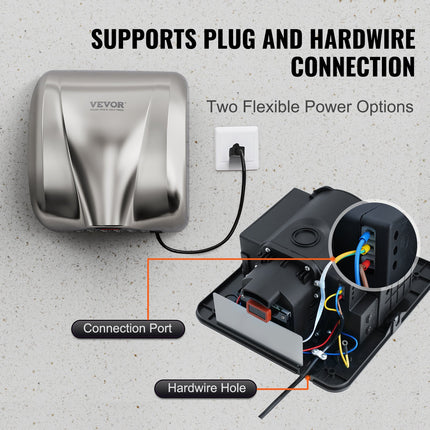 Heavy Duty Commercial Hand Dryer, 1800W Automatic High Speed Stainless Steel Warm Wind Hand Blower, 220V-240V Plug In/Hardwired Two Power Options, Compliant for Industry Business Restrooms.
