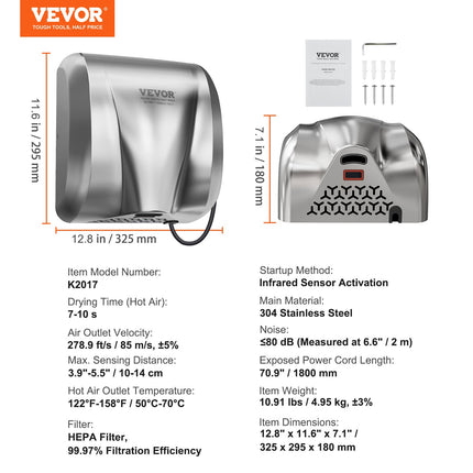 Heavy Duty Commercial Hand Dryer, 1800W Automatic High Speed Stainless Steel Warm Wind Hand Blower, 220V-240V Plug In/Hardwired Two Power Options, Compliant for Industry Business Restrooms.