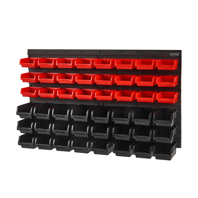 Wall Mounted Storage Bins, 48-Bin Parts Rack Organizer Garage Plastic Shop Tool with Wall Panels, Tool Organizer for Nuts, Bolts, Screws, Nails, Beads, Buttons, Other Small Parts, Black and Red.