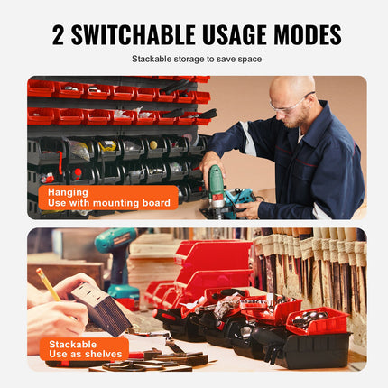 Wall Mounted Storage Bins, 48-Bin Parts Rack Organizer Garage Plastic Shop Tool with Wall Panels, Tool Organizer for Nuts, Bolts, Screws, Nails, Beads, Buttons, Other Small Parts, Black and Red.