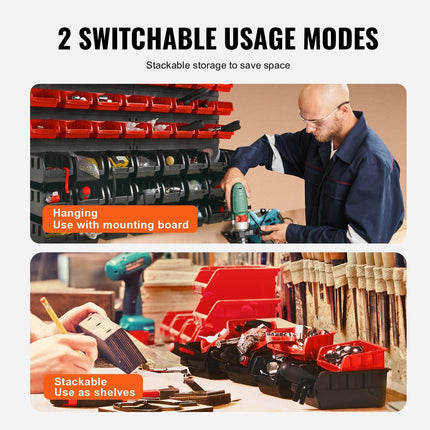 Wall Mounted Storage Bins, 48-Bin Parts Rack Organizer Garage Plastic Shop Tool with Wall Panels, Tool Organizer for Nuts, Bolts, Screws, Nails, Beads, Buttons, Other Small Parts, Black and Red.