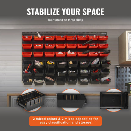 Wall Mounted Storage Bins, 48-Bin Parts Rack Organizer Garage Plastic Shop Tool with Wall Panels, Tool Organizer for Nuts, Bolts, Screws, Nails, Beads, Buttons, Other Small Parts, Black and Red.