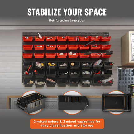 Wall Mounted Storage Bins, 48-Bin Parts Rack Organizer Garage Plastic Shop Tool with Wall Panels, Tool Organizer for Nuts, Bolts, Screws, Nails, Beads, Buttons, Other Small Parts, Black and Red.