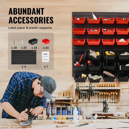 Wall Mounted Storage Bins, 48-Bin Parts Rack Organizer Garage Plastic Shop Tool with Wall Panels, Tool Organizer for Nuts, Bolts, Screws, Nails, Beads, Buttons, Other Small Parts, Black and Red.