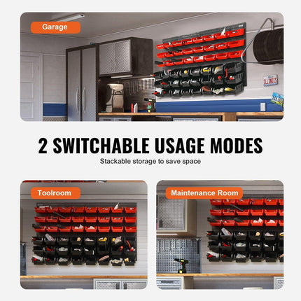 Wall Mounted Storage Bins, 48-Bin Parts Rack Organizer Garage Plastic Shop Tool with Wall Panels, Tool Organizer for Nuts, Bolts, Screws, Nails, Beads, Buttons, Other Small Parts, Black and Red.