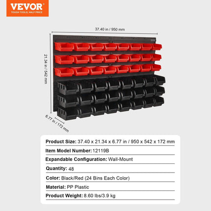 Wall Mounted Storage Bins, 48-Bin Parts Rack Organizer Garage Plastic Shop Tool with Wall Panels, Tool Organizer for Nuts, Bolts, Screws, Nails, Beads, Buttons, Other Small Parts, Black and Red.
