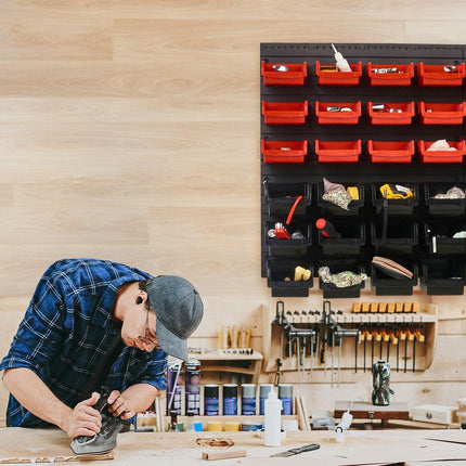 Wall Mounted Storage Bins, 48-Bin Parts Rack Organizer Garage Plastic Shop Tool with Wall Panels, Tool Organizer for Nuts, Bolts, Screws, Nails, Beads, Buttons, Other Small Parts, Black and Red.