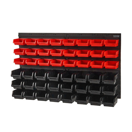 Wall Mounted Storage Bins, 48-Bin Parts Rack Organizer Garage Plastic Shop Tool with Wall Panels, Tool Organizer for Nuts, Bolts, Screws, Nails, Beads, Buttons, Other Small Parts, Black and Red.