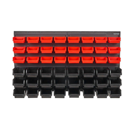 Wall Mounted Storage Bins, 48-Bin Parts Rack Organizer Garage Plastic Shop Tool with Wall Panels, Tool Organizer for Nuts, Bolts, Screws, Nails, Beads, Buttons, Other Small Parts, Black and Red.