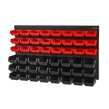Wall Mounted Storage Bins, 48-Bin Parts Rack Organizer Garage Plastic Shop Tool with Wall Panels, Tool Organizer for Nuts, Bolts, Screws, Nails, Beads, Buttons, Other Small Parts, Black and Red.