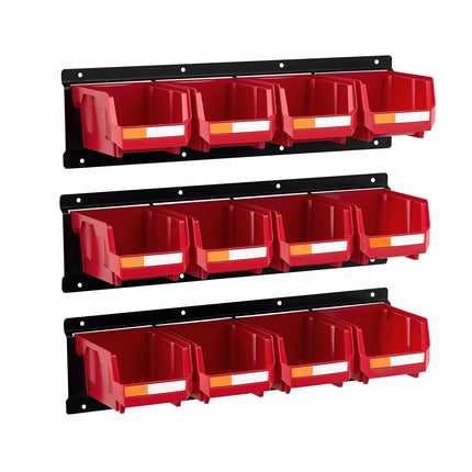 Wall Mounted Storage Bins, 12 Plastic Bins & 3 Metal Rails, Plastic Hanging Stackable Storage Bin for Screws, Nuts, Bolts, Nails, Hardware Tool Organizer for Workshop, Craft Room, Garage, Red.