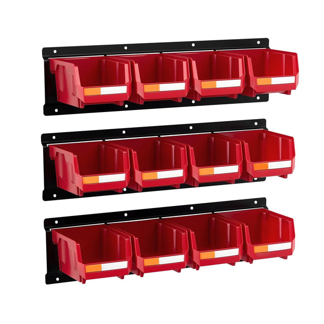 Wall Mounted Storage Bins, 12 Plastic Bins & 3 Metal Rails, Plastic Hanging Stackable Storage Bin for Screws, Nuts, Bolts, Nails, Hardware Tool Organizer for Workshop, Craft Room, Garage, Red.