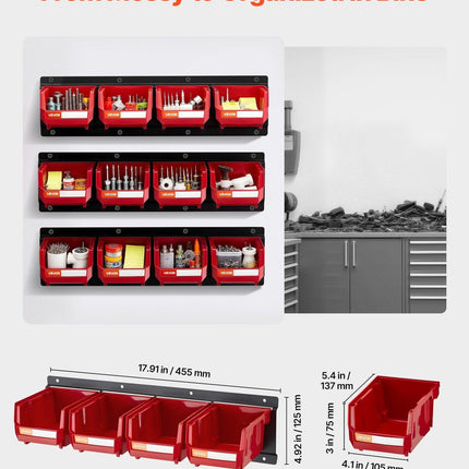 Wall Mounted Storage Bins, 12 Plastic Bins & 3 Metal Rails, Plastic Hanging Stackable Storage Bin for Screws, Nuts, Bolts, Nails, Hardware Tool Organizer for Workshop, Craft Room, Garage, Red.