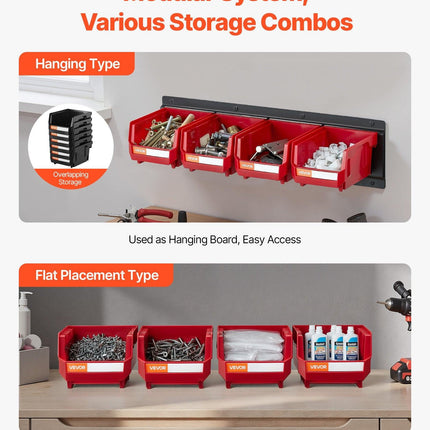 Wall Mounted Storage Bins, 12 Plastic Bins & 3 Metal Rails, Plastic Hanging Stackable Storage Bin for Screws, Nuts, Bolts, Nails, Hardware Tool Organizer for Workshop, Craft Room, Garage, Red.
