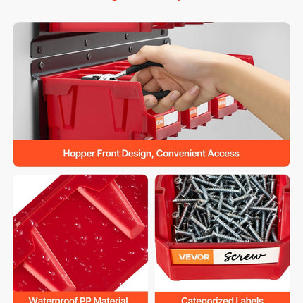 Wall Mounted Storage Bins, 12 Plastic Bins & 3 Metal Rails, Plastic Hanging Stackable Storage Bin for Screws, Nuts, Bolts, Nails, Hardware Tool Organizer for Workshop, Craft Room, Garage, Red.