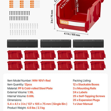 Wall Mounted Storage Bins, 12 Plastic Bins & 3 Metal Rails, Plastic Hanging Stackable Storage Bin for Screws, Nuts, Bolts, Nails, Hardware Tool Organizer for Workshop, Craft Room, Garage, Red.