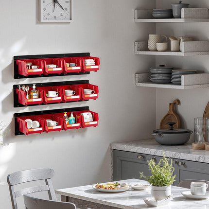Wall Mounted Storage Bins, 12 Plastic Bins & 3 Metal Rails, Plastic Hanging Stackable Storage Bin for Screws, Nuts, Bolts, Nails, Hardware Tool Organizer for Workshop, Craft Room, Garage, Red.