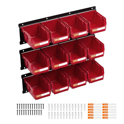 Wall Mounted Storage Bins, 12 Plastic Bins & 3 Metal Rails, Plastic Hanging Stackable Storage Bin for Screws, Nuts, Bolts, Nails, Hardware Tool Organizer for Workshop, Craft Room, Garage, Red.