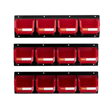 Wall Mounted Storage Bins, 12 Plastic Bins & 3 Metal Rails, Plastic Hanging Stackable Storage Bin for Screws, Nuts, Bolts, Nails, Hardware Tool Organizer for Workshop, Craft Room, Garage, Red.