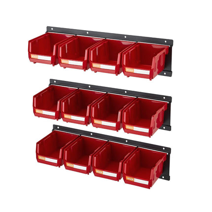 Wall Mounted Storage Bins, 12 Plastic Bins & 3 Metal Rails, Plastic Hanging Stackable Storage Bin for Screws, Nuts, Bolts, Nails, Hardware Tool Organizer for Workshop, Craft Room, Garage, Red.