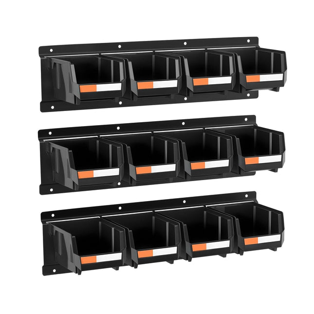 Wall Mounted Storage Bins, 12 Plastic Bins & 3 Metal Rails, Plastic Hanging Stackable Storage Bin for Screws, Nuts, Bolts, Nails, Hardware Tool Organizer for Workshop, Craft Room, Garage, Black.