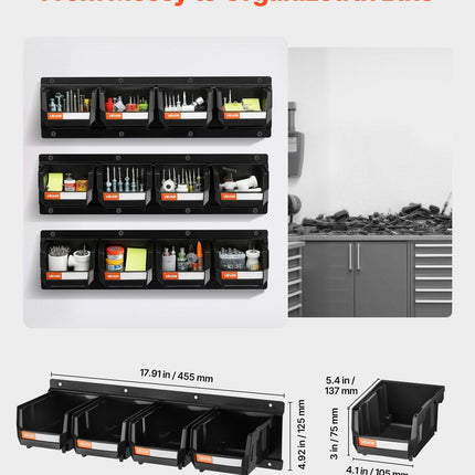 Wall Mounted Storage Bins, 12 Plastic Bins & 3 Metal Rails, Plastic Hanging Stackable Storage Bin for Screws, Nuts, Bolts, Nails, Hardware Tool Organizer for Workshop, Craft Room, Garage, Black.