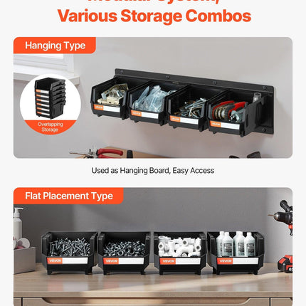 Wall Mounted Storage Bins, 12 Plastic Bins & 3 Metal Rails, Plastic Hanging Stackable Storage Bin for Screws, Nuts, Bolts, Nails, Hardware Tool Organizer for Workshop, Craft Room, Garage, Black.
