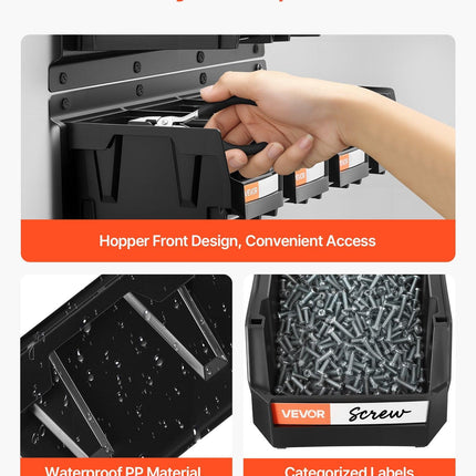 Wall Mounted Storage Bins, 12 Plastic Bins & 3 Metal Rails, Plastic Hanging Stackable Storage Bin for Screws, Nuts, Bolts, Nails, Hardware Tool Organizer for Workshop, Craft Room, Garage, Black.