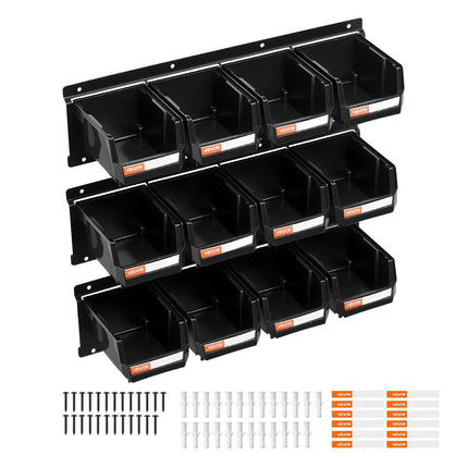 Wall Mounted Storage Bins, 12 Plastic Bins & 3 Metal Rails, Plastic Hanging Stackable Storage Bin for Screws, Nuts, Bolts, Nails, Hardware Tool Organizer for Workshop, Craft Room, Garage, Black.