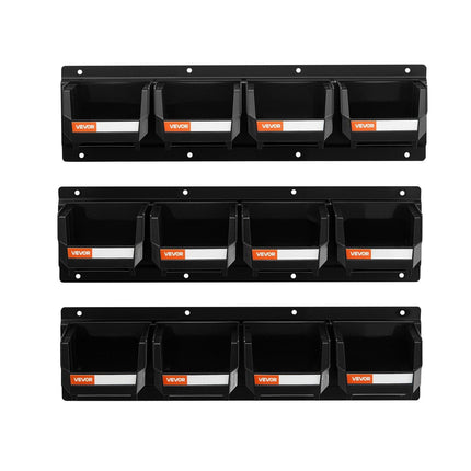 Wall Mounted Storage Bins, 12 Plastic Bins & 3 Metal Rails, Plastic Hanging Stackable Storage Bin for Screws, Nuts, Bolts, Nails, Hardware Tool Organizer for Workshop, Craft Room, Garage, Black.