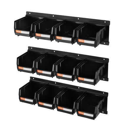 Wall Mounted Storage Bins, 12 Plastic Bins & 3 Metal Rails, Plastic Hanging Stackable Storage Bin for Screws, Nuts, Bolts, Nails, Hardware Tool Organizer for Workshop, Craft Room, Garage, Black.