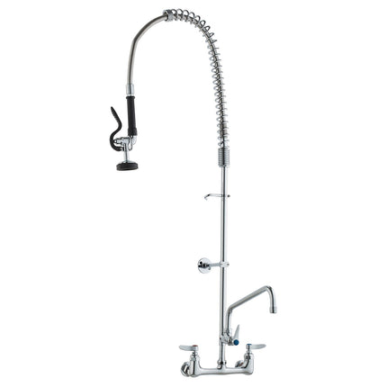 Commercial Faucet with Pre-Rinse Sprayer, 47" Height, 8" Center, 12" Swing Spout, Wall Mount Kitchen Sink Faucet, Brass Constructed Device with Pull Down Spray, for 1/2/3 Compartment Sink.