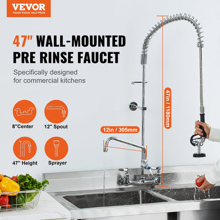 Commercial Faucet with Pre-Rinse Sprayer, 47" Height, 8" Center, 12" Swing Spout, Wall Mount Kitchen Sink Faucet, Brass Constructed Device with Pull Down Spray, for 1/2/3 Compartment Sink.