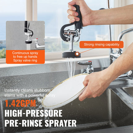 Commercial Faucet with Pre-Rinse Sprayer, 47" Height, 8" Center, 12" Swing Spout, Wall Mount Kitchen Sink Faucet, Brass Constructed Device with Pull Down Spray, for 1/2/3 Compartment Sink.