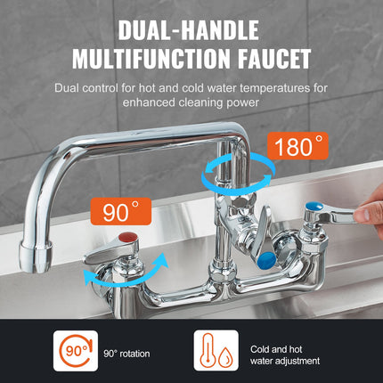 Commercial Faucet with Pre-Rinse Sprayer, 47" Height, 8" Center, 12" Swing Spout, Wall Mount Kitchen Sink Faucet, Brass Constructed Device with Pull Down Spray, for 1/2/3 Compartment Sink.