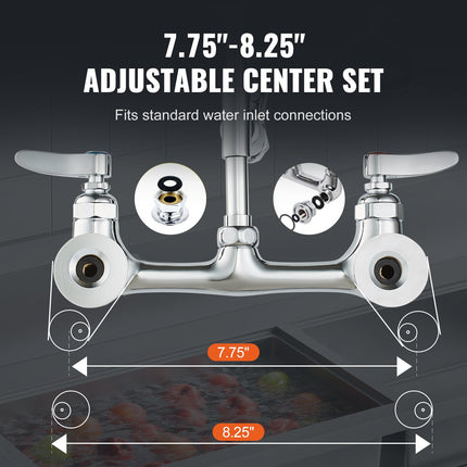 Commercial Faucet with Pre-Rinse Sprayer, 47" Height, 8" Center, 12" Swing Spout, Wall Mount Kitchen Sink Faucet, Brass Constructed Device with Pull Down Spray, for 1/2/3 Compartment Sink.