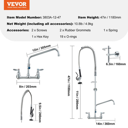 Commercial Faucet with Pre-Rinse Sprayer, 47" Height, 8" Center, 12" Swing Spout, Wall Mount Kitchen Sink Faucet, Brass Constructed Device with Pull Down Spray, for 1/2/3 Compartment Sink.