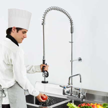 Commercial Faucet with Pre-Rinse Sprayer, 47" Height, 8" Center, 12" Swing Spout, Wall Mount Kitchen Sink Faucet, Brass Constructed Device with Pull Down Spray, for 1/2/3 Compartment Sink.