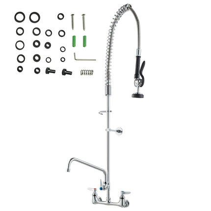 Commercial Faucet with Pre-Rinse Sprayer, 47" Height, 8" Center, 12" Swing Spout, Wall Mount Kitchen Sink Faucet, Brass Constructed Device with Pull Down Spray, for 1/2/3 Compartment Sink.
